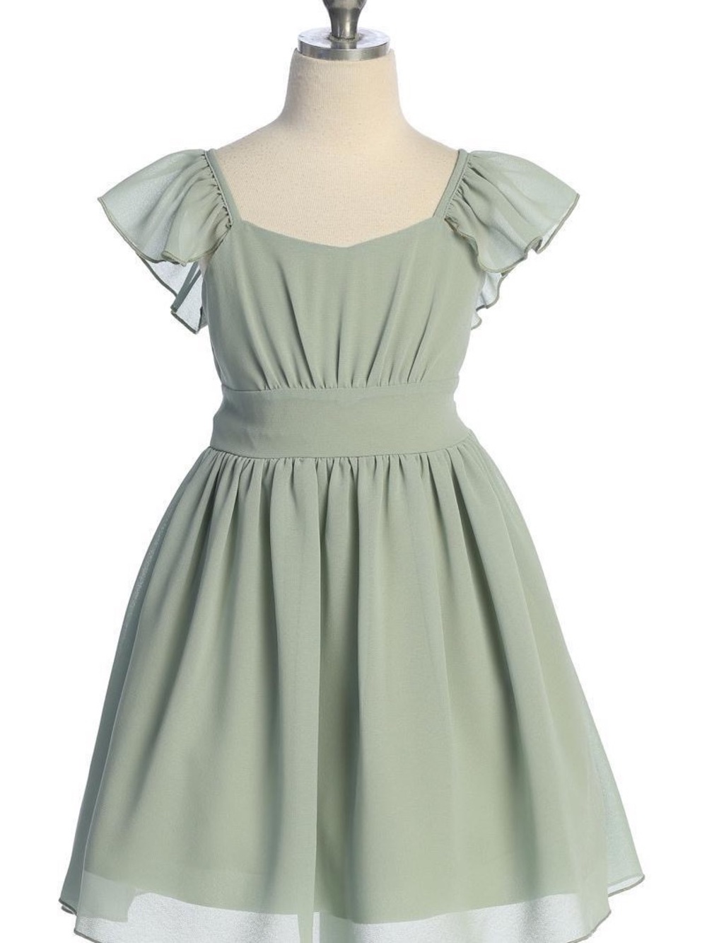 Girls Sage Green Ruffle Sleeve Party Dress